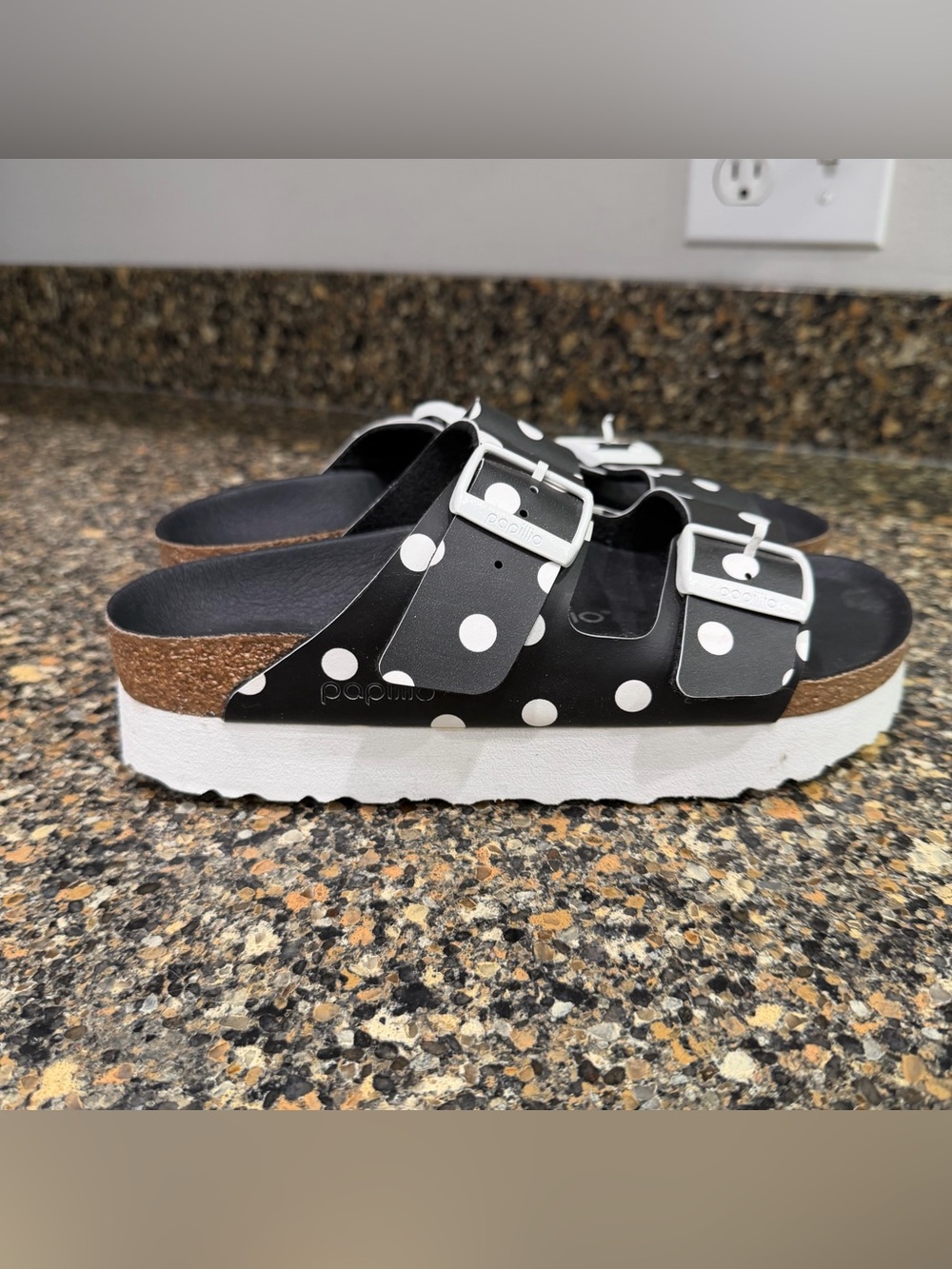 Papillio by Birkenstock Black Polka Dot Double Strap Platform Sandals 37